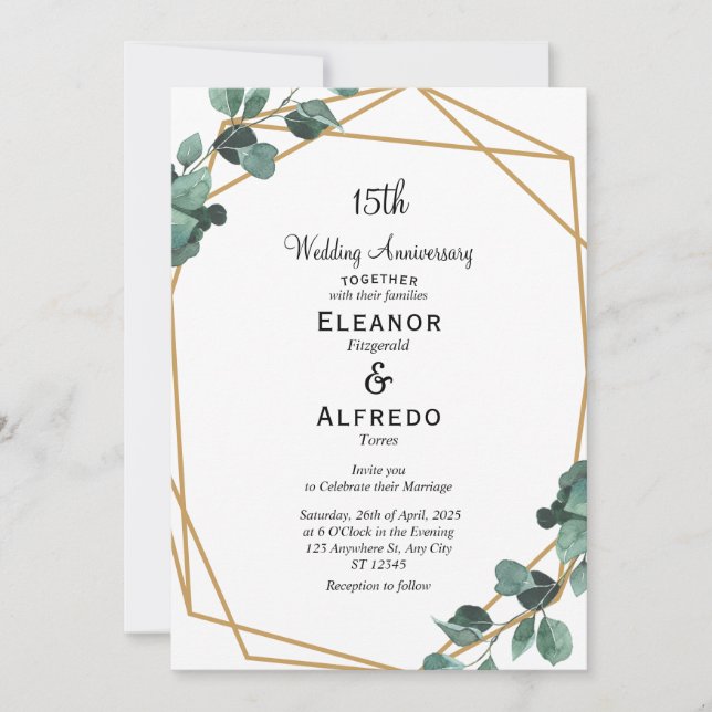 Convites Aniversário de Casamento com Folhagem Esmeralda Mo (Frente)