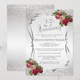 Convites Aniversário de Casamento com Glitter 25 Silver   
