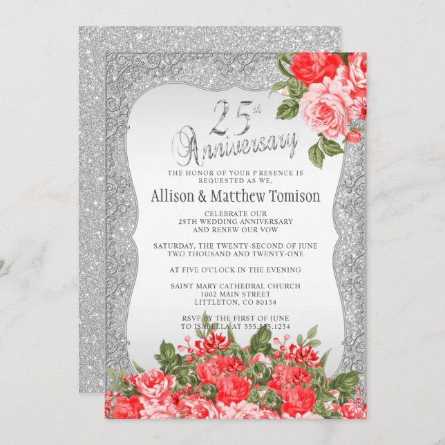 Convites Aniversário de Casamento com Glitter 25 Silver | D (Frente/Verso)