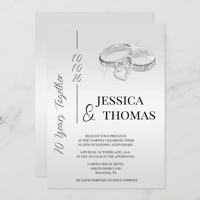 Convites Aniversário de Casamento com Glitzy Posh 70 Platin (Frente/Verso)