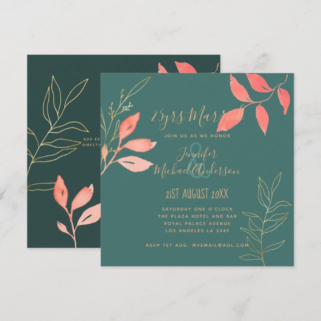 Convites ANIVERSÁRIO DE CASAMENTO Contemporâneo Coral Turqu (Frente/Verso)