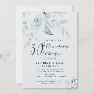 Convites Aniversário de casamento da 30 floral azul elegant