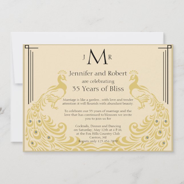 Convites Aniversário de Casamento da Peacock Elegance Art D (Frente)