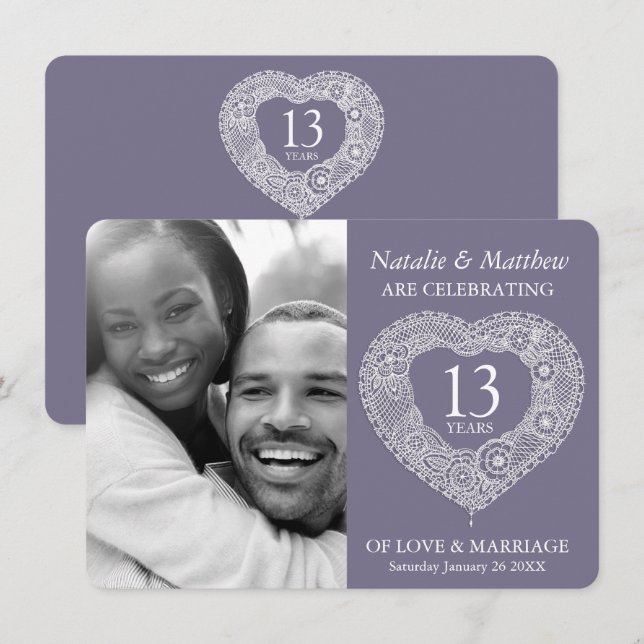 Convites Aniversário de casamento de 13 anos renda cinza br (Frente/Verso)