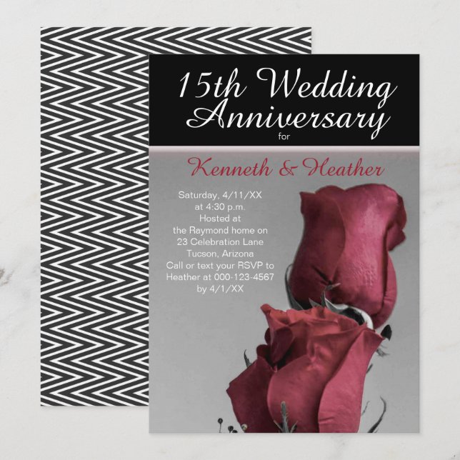 Convites Aniversário de Casamento de 15 Anos Preto e Branco (Frente/Verso)