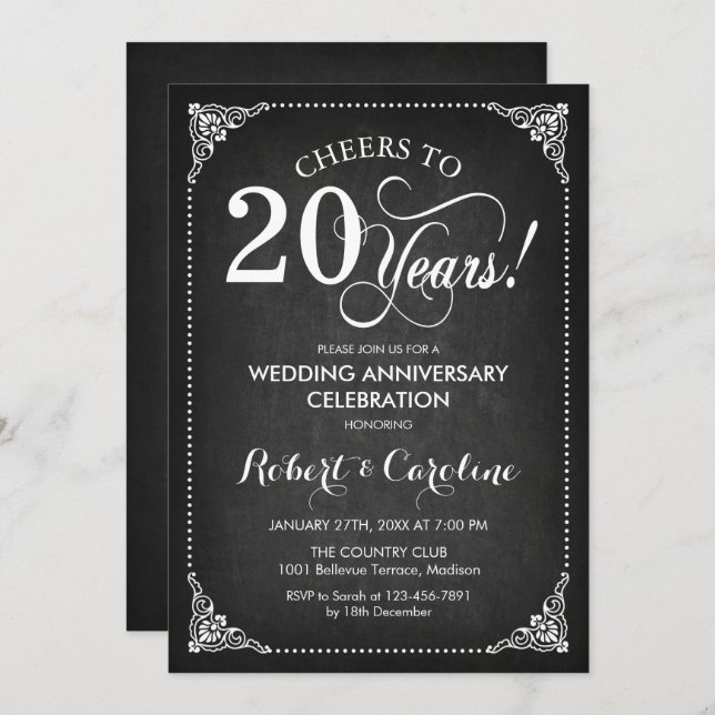 Convites Aniversário de Casamento de 20 - Branco Chalkboard (Frente/Verso)