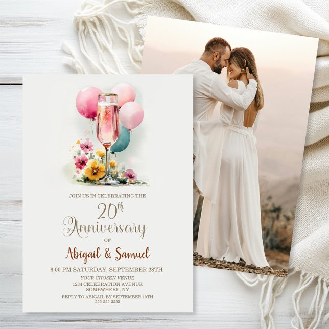 Convites Aniversário de Casamento de 20 de Vidro de Champag (Criador carregado)