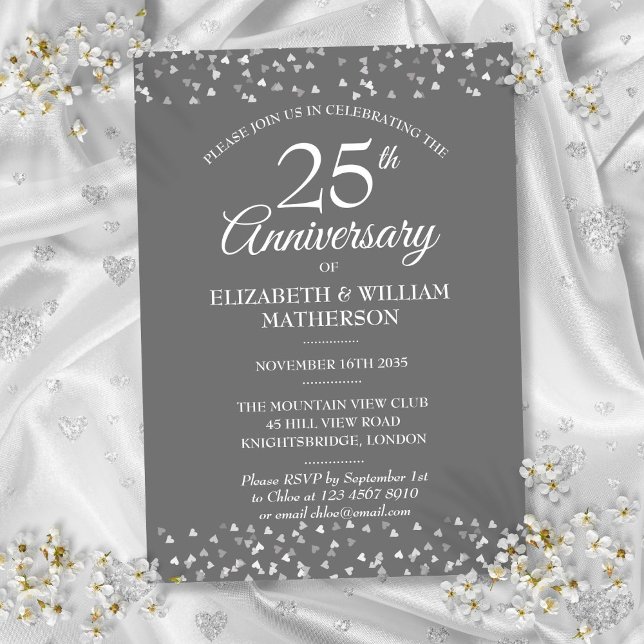 Convites Aniversário de Casamento de 25 Anos Confetes de Co (25th Weddding Anniversary Silver Hearts Confetti Invitation)