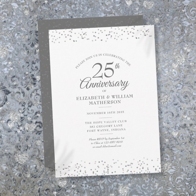 Convites Aniversário de Casamento de 25 Anos Confetes de Pr (25th Wedding Anniversary Silver Stardust Confetti Invitation)
