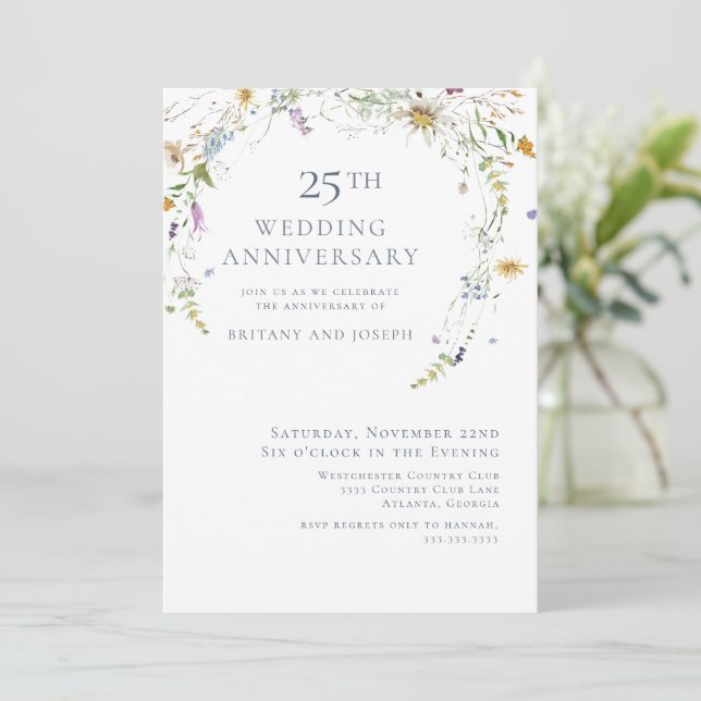 Convites Aniversário de Casamento de 25 Anos Floral Azul Fl (Em pé/Frente)