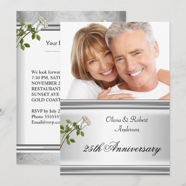 Convites Aniversário de Casamento de 25 Anos Rosa Branca Pr (Frente/Verso)