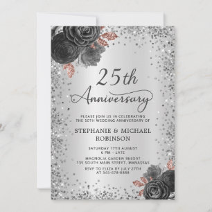 Convites Aniversário de Casamento de 25 Floral Silver Glitt