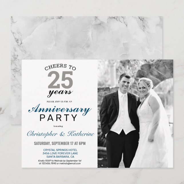 Convites Aniversário de Casamento de 25 Silver Elegante (Frente/Verso)