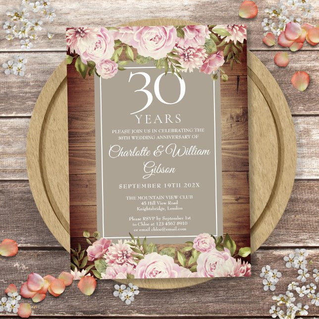 Convites Aniversário de Casamento de 30 Anos Boho Rustic Ro (30th Wedding Anniversary Boho Rustic Roses Floral Invitation)