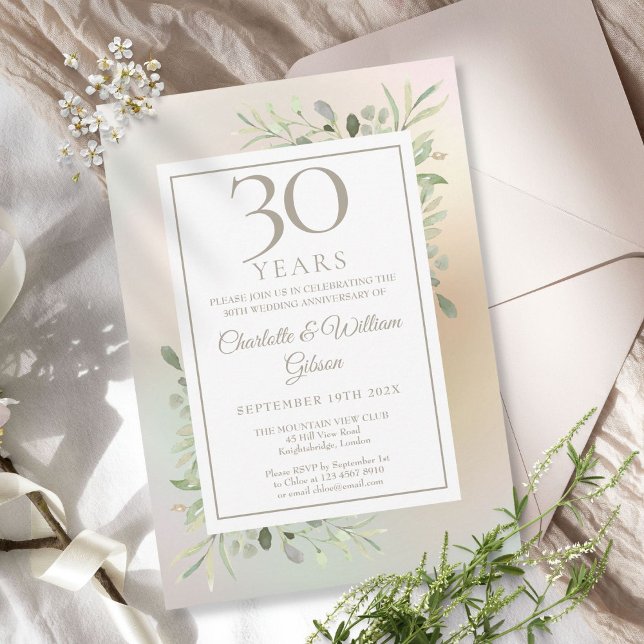 Convites Aniversário de Casamento de 30 Anos Folhas Florais (30th Wedding Anniversary Greenery Floral Pearl Invitation)