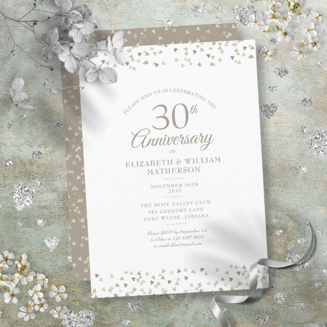 Convites Aniversário de Casamento de 30 Anos Pérolas Coraçõ (30th Wedding Anniversary Pearl Hearts Confetti Invitation)