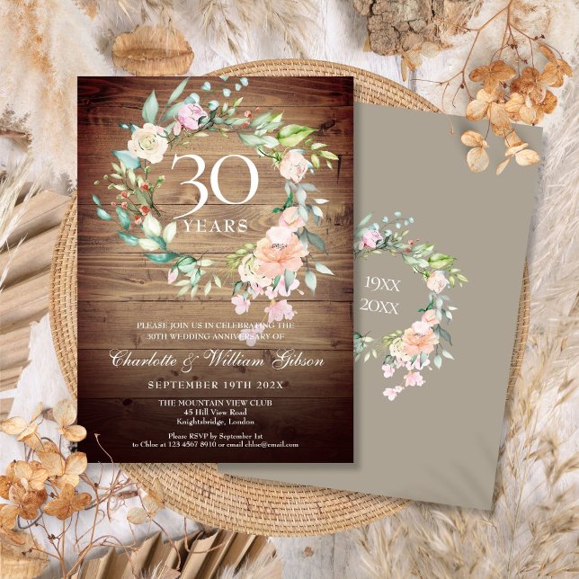 Convites Aniversário de Casamento de 30 Anos Rosas Rústicas (30th Wedding Anniversary Rustic Roses Greenery Invitation)