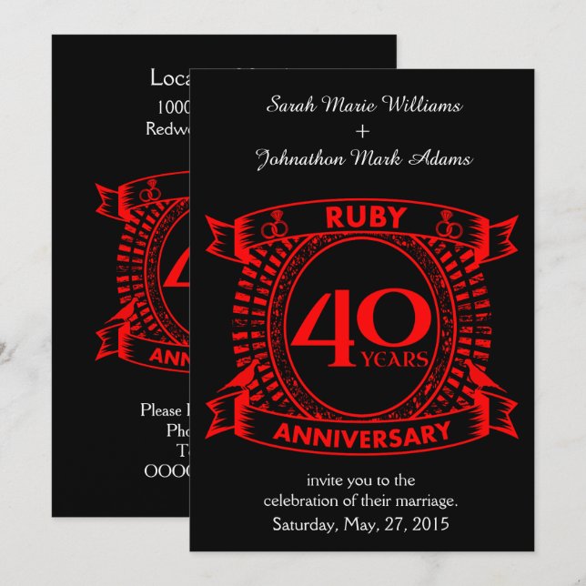 Convites Aniversário de casamento de 40 anos crista de rubi (Frente/Verso)
