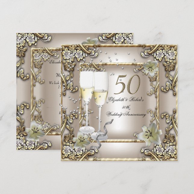 Convites Aniversário de Casamento de 50 anos Creme Dourado  (Frente/Verso)