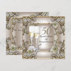 Convites Aniversário de Casamento de 50 anos Creme Dourado 