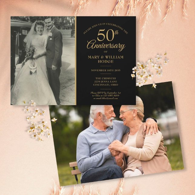 Convites Aniversário de Casamento de 50 Anos Dourado Preto  (Criador carregado)