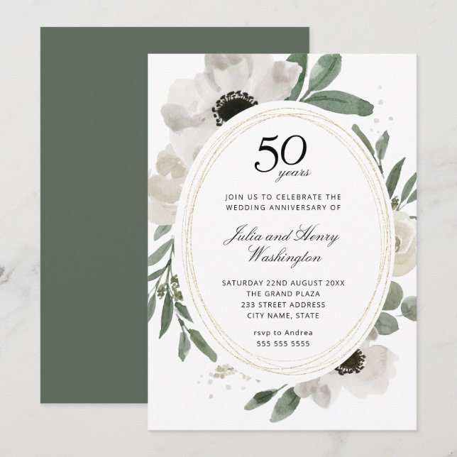 Convites Aniversário de Casamento de 50 anos Floral Verde A (Frente/Verso)
