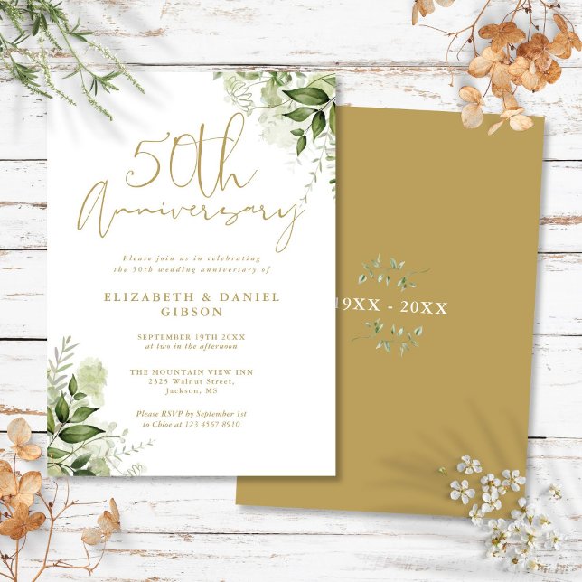 Convites Aniversário de Casamento de 50 Anos Folhagem Doura (50th Wedding Anniversary Greenery Gold Script Invitation)