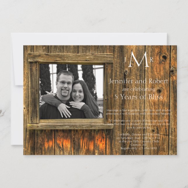 Convites Aniversário de Casamento de 5 Anos Barn Wood (Frente)
