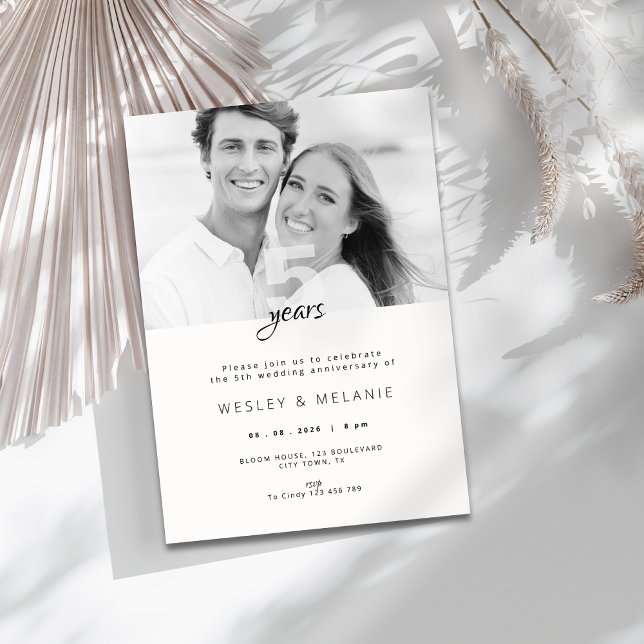 Convites Aniversário de Casamento de 5 Anos Moderno com Fot (modern 5th wedding anniversary invitation with photo)
