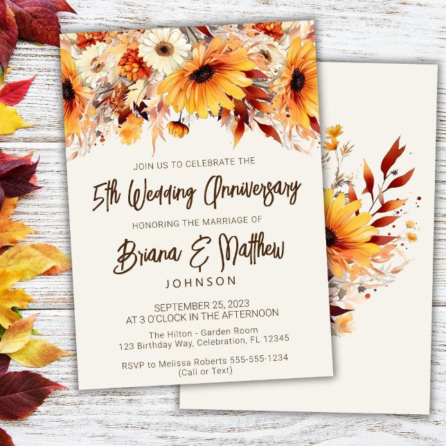 Convites Aniversário de Casamento de 5 de Beige Floral Fall (Criador carregado)