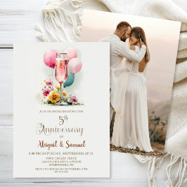 Convites Aniversário de Casamento de 5 de Vidro de Champagn