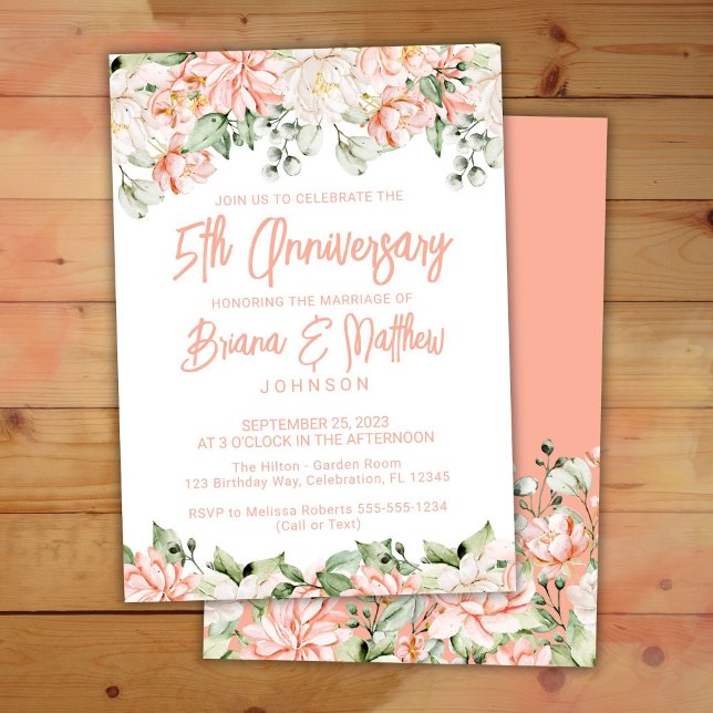 Convites Aniversário de Casamento de 5 Floral de Peach Blus (Criador carregado)