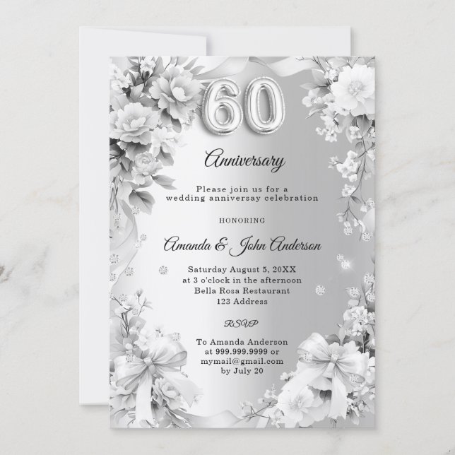 Convites aniversário de casamento de 60 anos flores de prat (Frente)