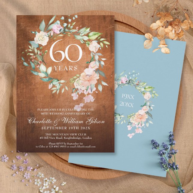 Convites Aniversário de Casamento de 60 Anos Grinalda de Ro (60th Wedding Anniversary Rustic Wood Roses Garland Invitation)