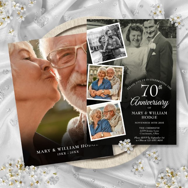 Convites Aniversário de Casamento de 70 Anos Colagem de 5 F (70th Wedding Anniversary 5 Photo Collage Invitation)