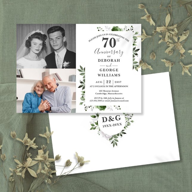 Convites Aniversário de Casamento de 70 Floral Então e Agor (Floral 70th Wedding Anniversary Then & Now 2 Photo Invitation)