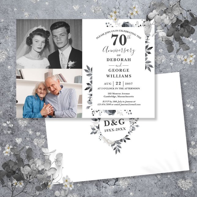 Convites Aniversário de Casamento de 70 Floral Então e Agor (Floral 70th Wedding Anniversary Then & Now 2 Photo Invitation)