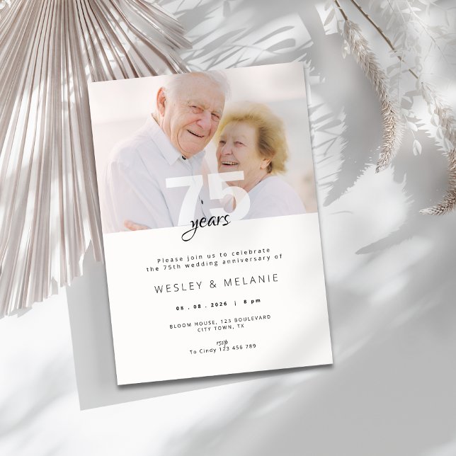 Convites Aniversário de Casamento de 75 Anos Moderno com Fo (modern 75th wedding anniversary invitation with photo)