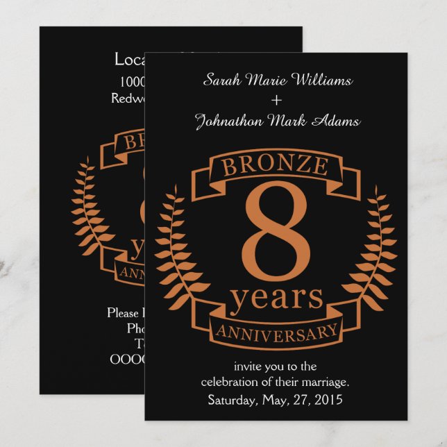 Convites Aniversário de casamento de bronze de 8 anos (Frente/Verso)