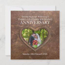 Convites aniversário de casamento de couro 3º coração marro
