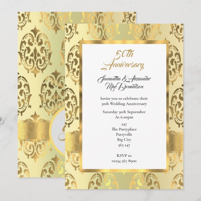 Convites Aniversário de casamento de damasco dourado 50 ano (Frente/Verso)