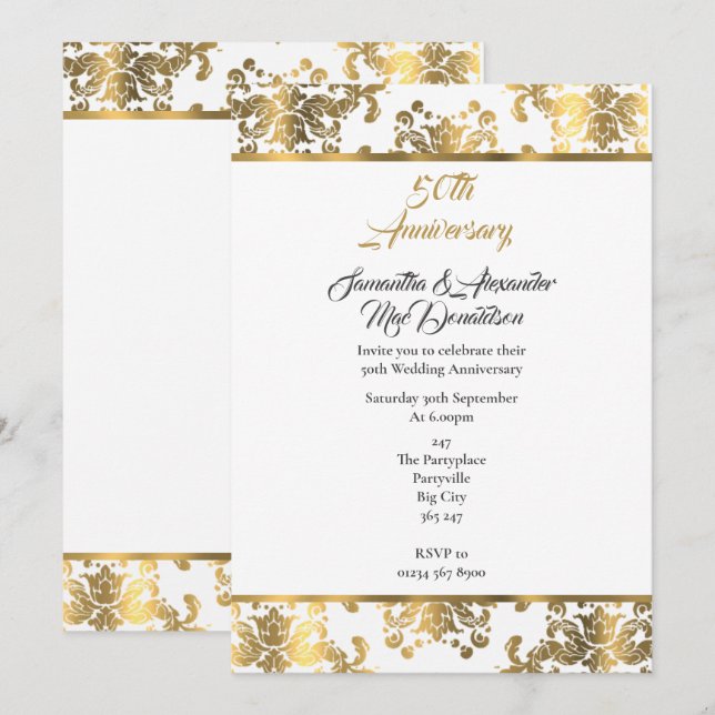 Convites Aniversário de casamento de damasco dourado 50 ano (Frente/Verso)