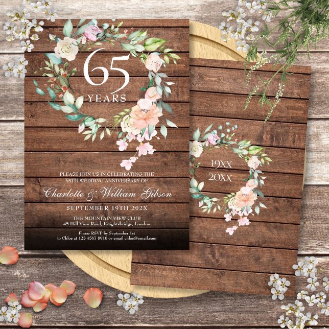 Convites Aniversário de casamento de madeira rústica 45º 65 (Rustic Wood 45th 65th Wedding Anniversary Floral Invitation)