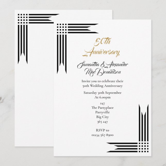 Convites Aniversário de casamento de ouro preto e branco (Frente/Verso)