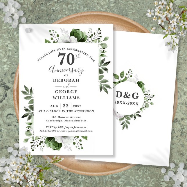 Convites Aniversário de Casamento de Platinum Greenery 70 (Platinum Greenery 70th Wedding Anniversary Invitation)