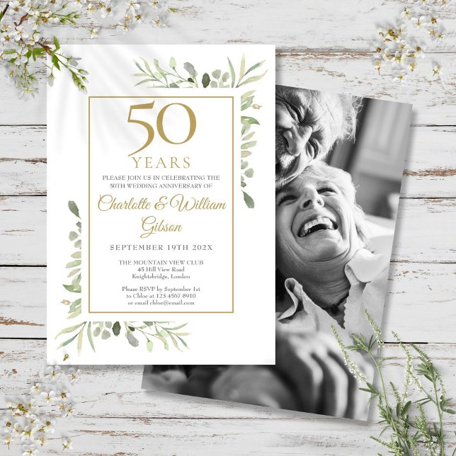 Convites Aniversário de Casamento de Qualquer Ano Fotografi (Any Year Wedding Anniversary Greenery Photo Invitation)
