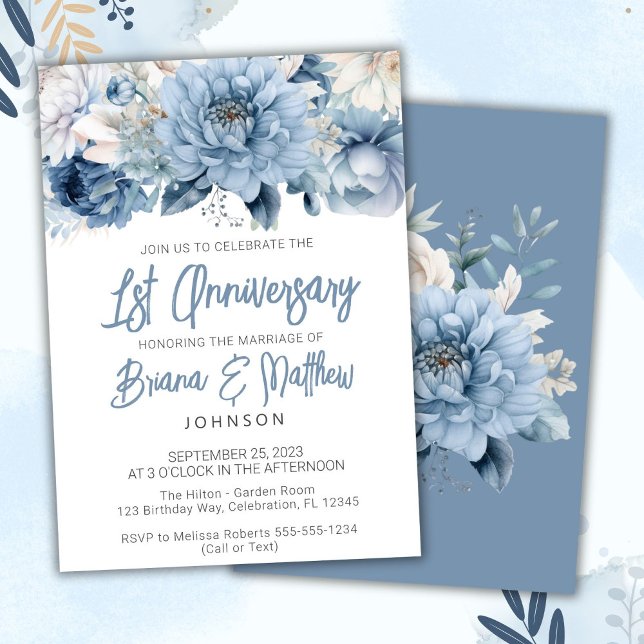 Convites Aniversário de Casamento de ruas Dusty Blue Floral (Criador carregado)