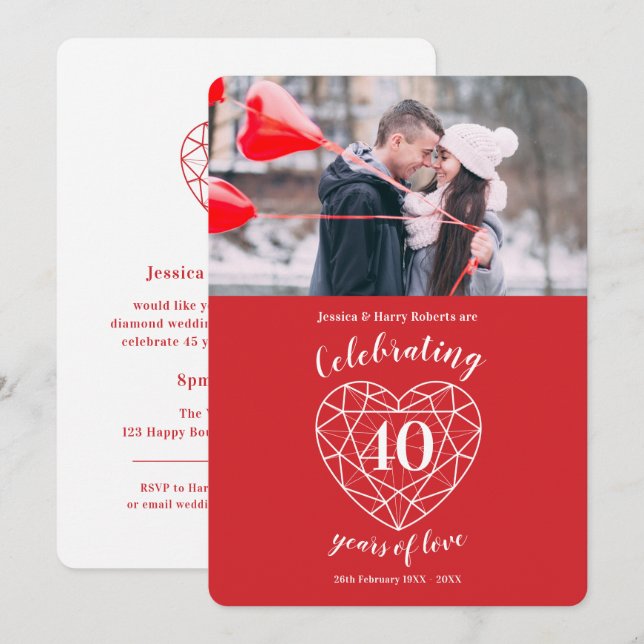 Convites Aniversário de casamento de rubi 40 anos foto (Frente/Verso)
