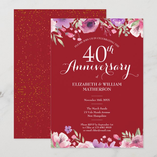 Convites Aniversário de Casamento de Rubi de 40 Anos Chic F (Frente/Verso)