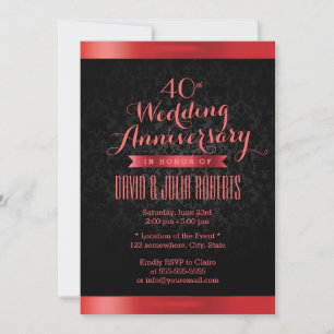Convites Aniversário de Casamento de Rubi Elegante Damasco 